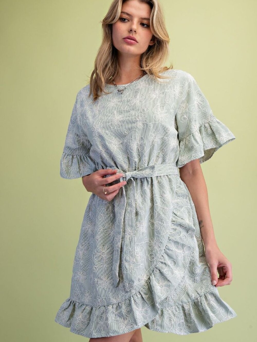 EASEL EMBROIDERY FLORAL STRIPED DRESS50% COTTON 50% POLYESTER